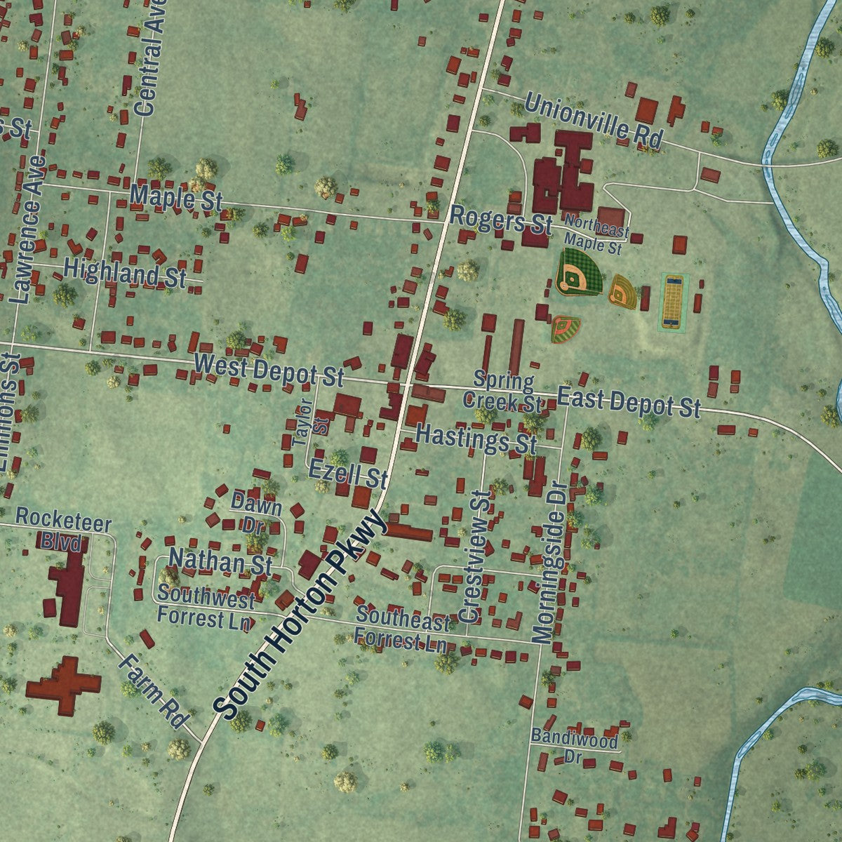 Close-up of the map of Chapel Hill, Tennessee print showing street and building detail
