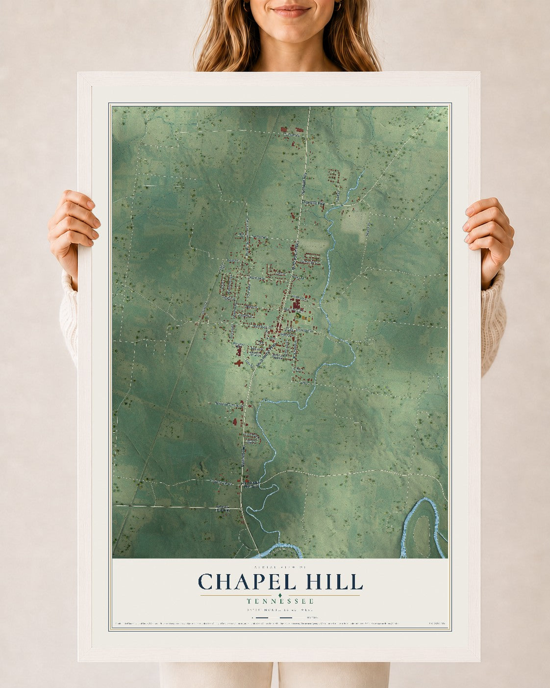 Map of Chapel Hill, Tennessee, 24 x 36 inch print in a white wood frame