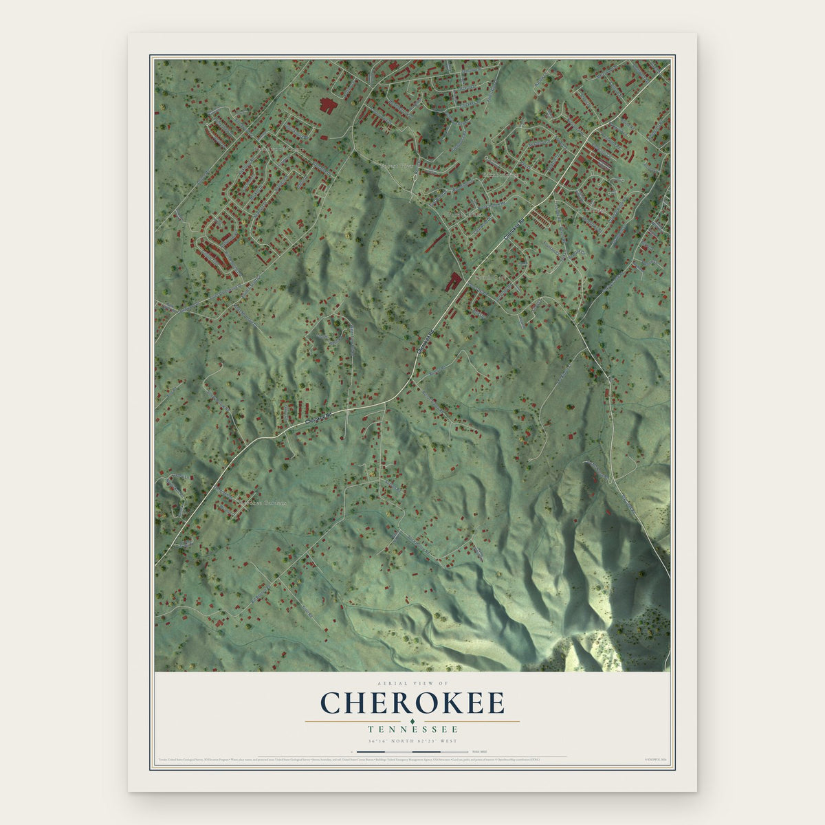 Cherokee, Tennessee map print, the full design