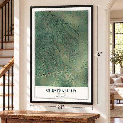 Chesterfield, Tennessee map, 24 x 36 inch print in a black frame by a staircase