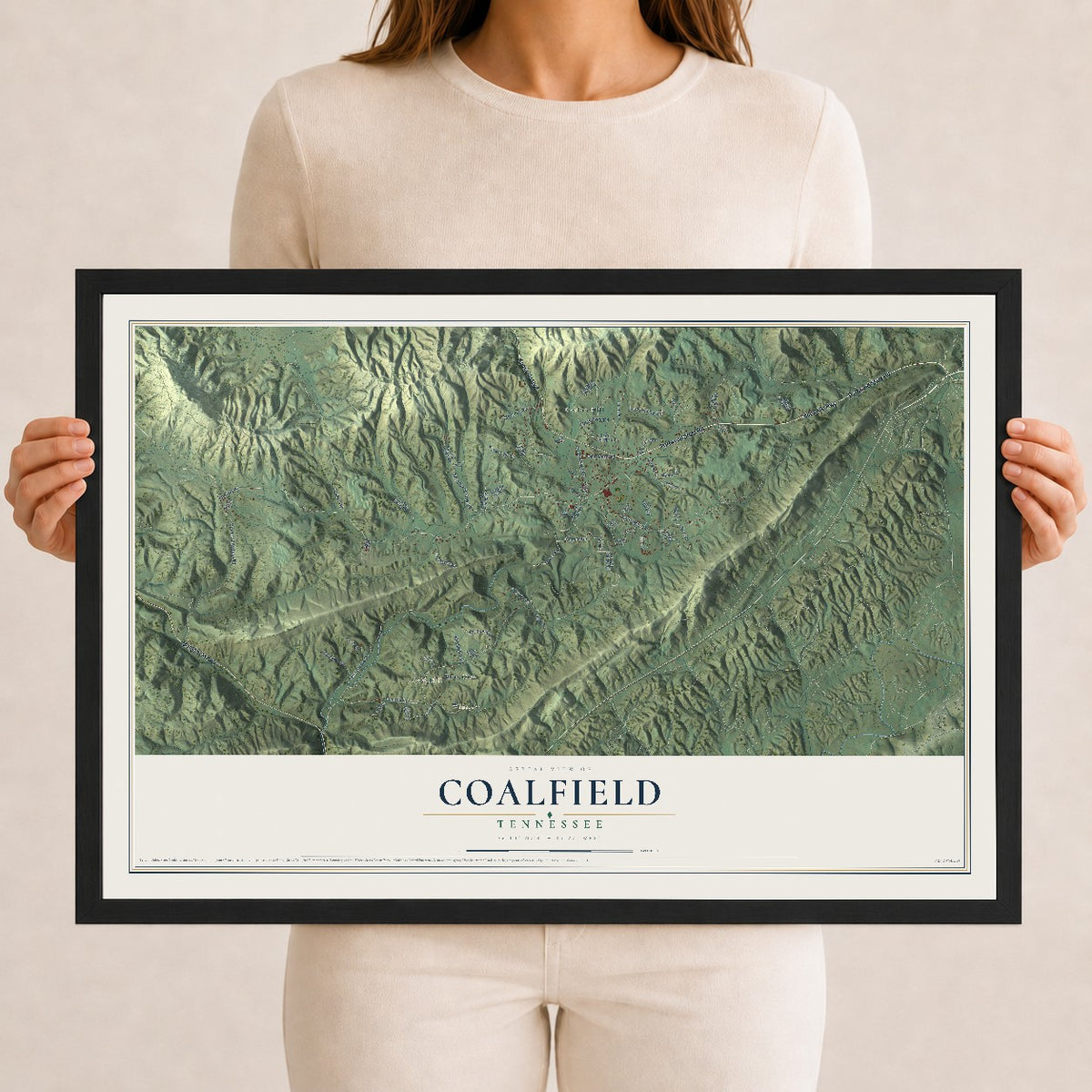 Map of Coalfield, Tennessee, 12 x 18 inch print in a black wood frame