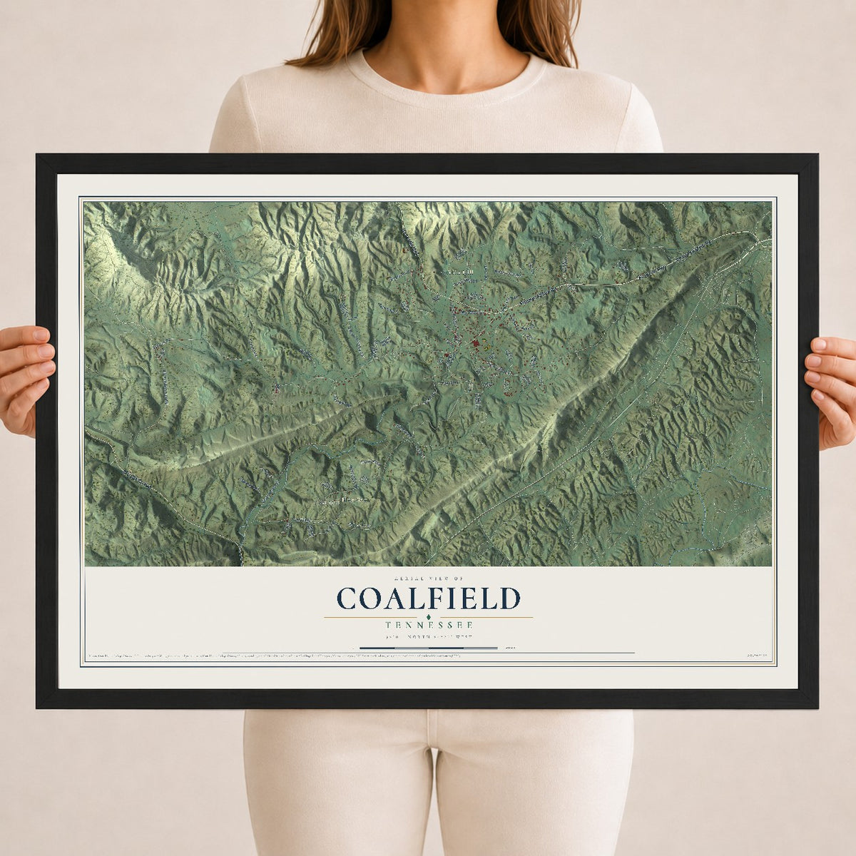 Map of Coalfield, Tennessee, 18 x 24 inch print in a black wood frame