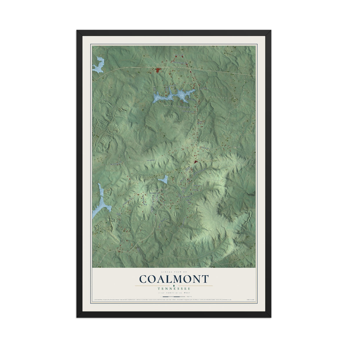 Map of Coalmont, Tennessee, 12 x 18 inch print in a black wood frame