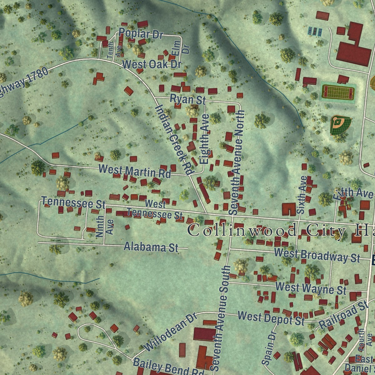 Close-up of the map of Collinwood, Tennessee print showing street and building detail