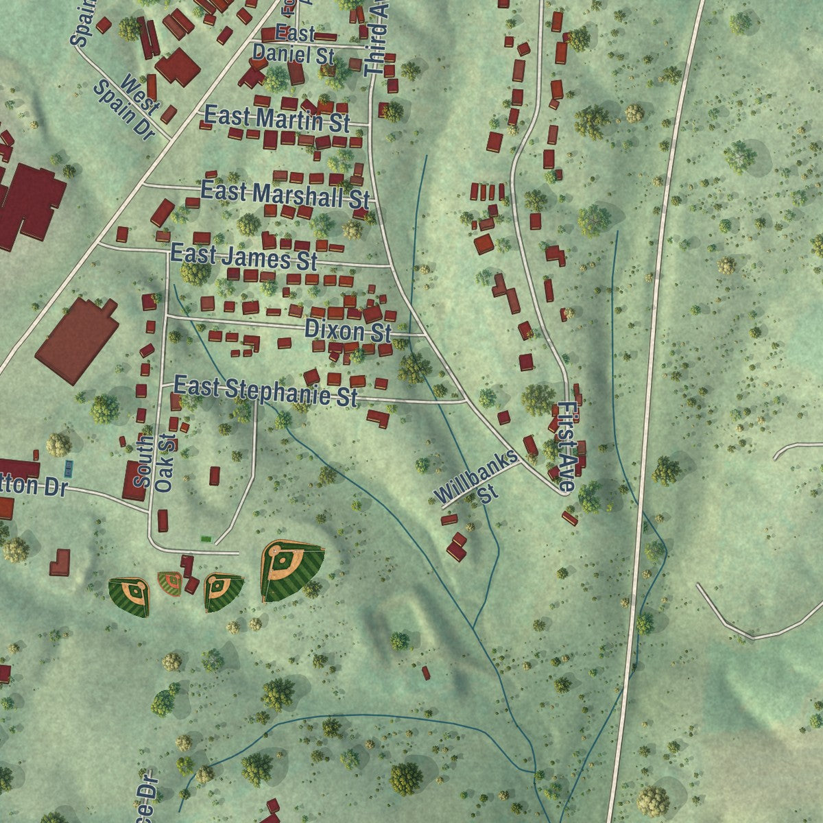 Second close-up of the map of Collinwood, Tennessee print showing more streets and buildings