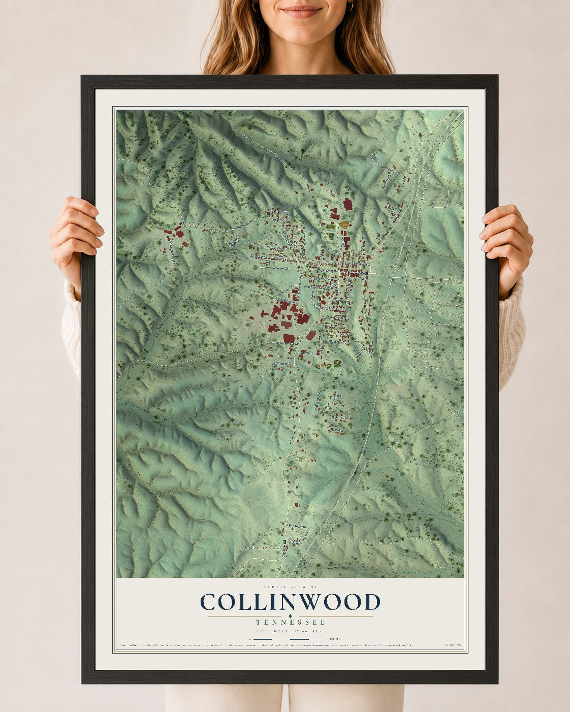 Map of Collinwood, Tennessee, 24 x 36 inch print in a black wood frame