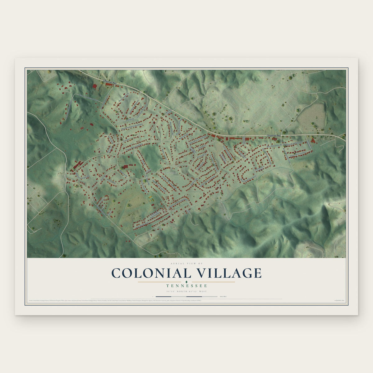 Colonial Village, Tennessee map print, the full design