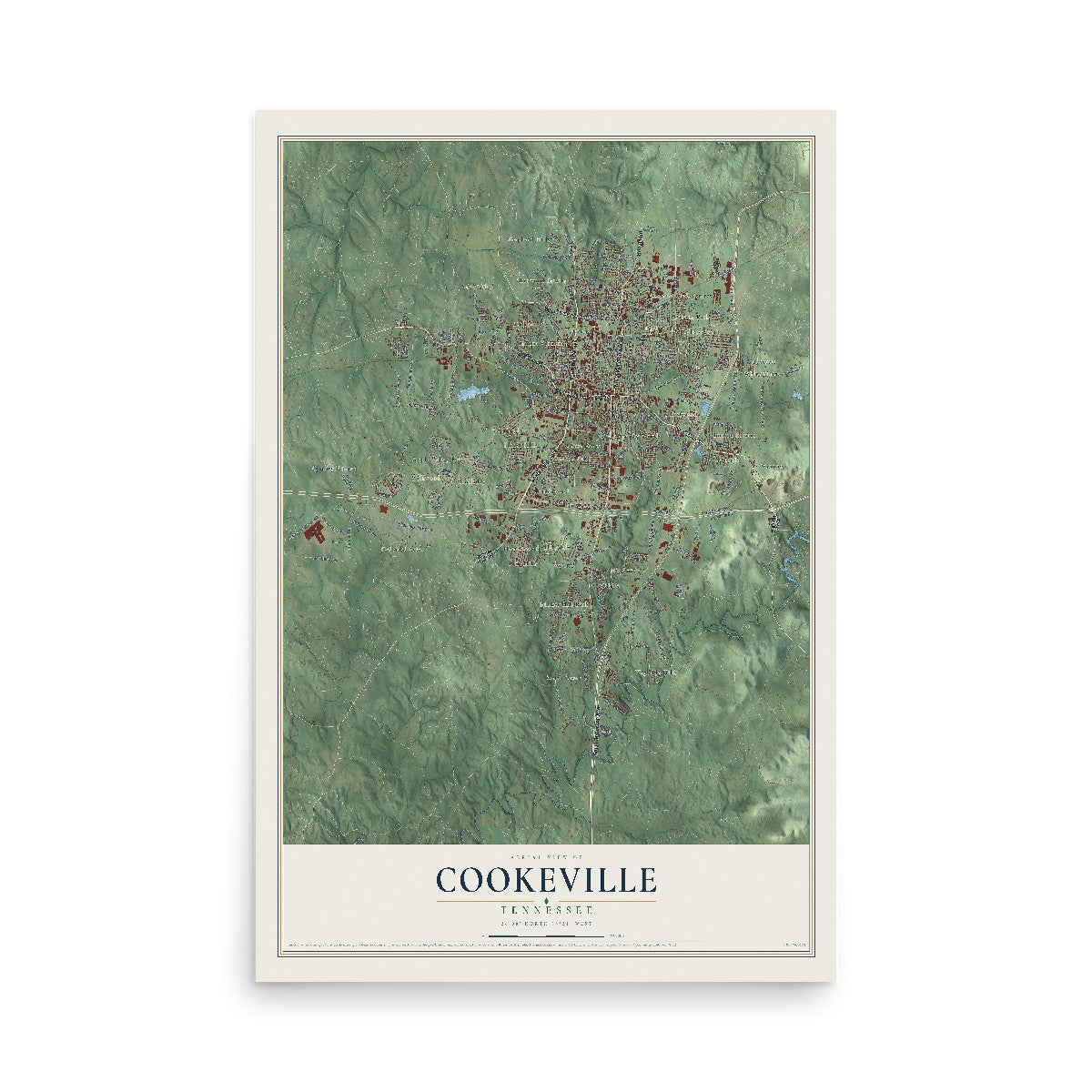 Map of Cookeville, Tennessee, 12 x 18 inch unframed archival matte print