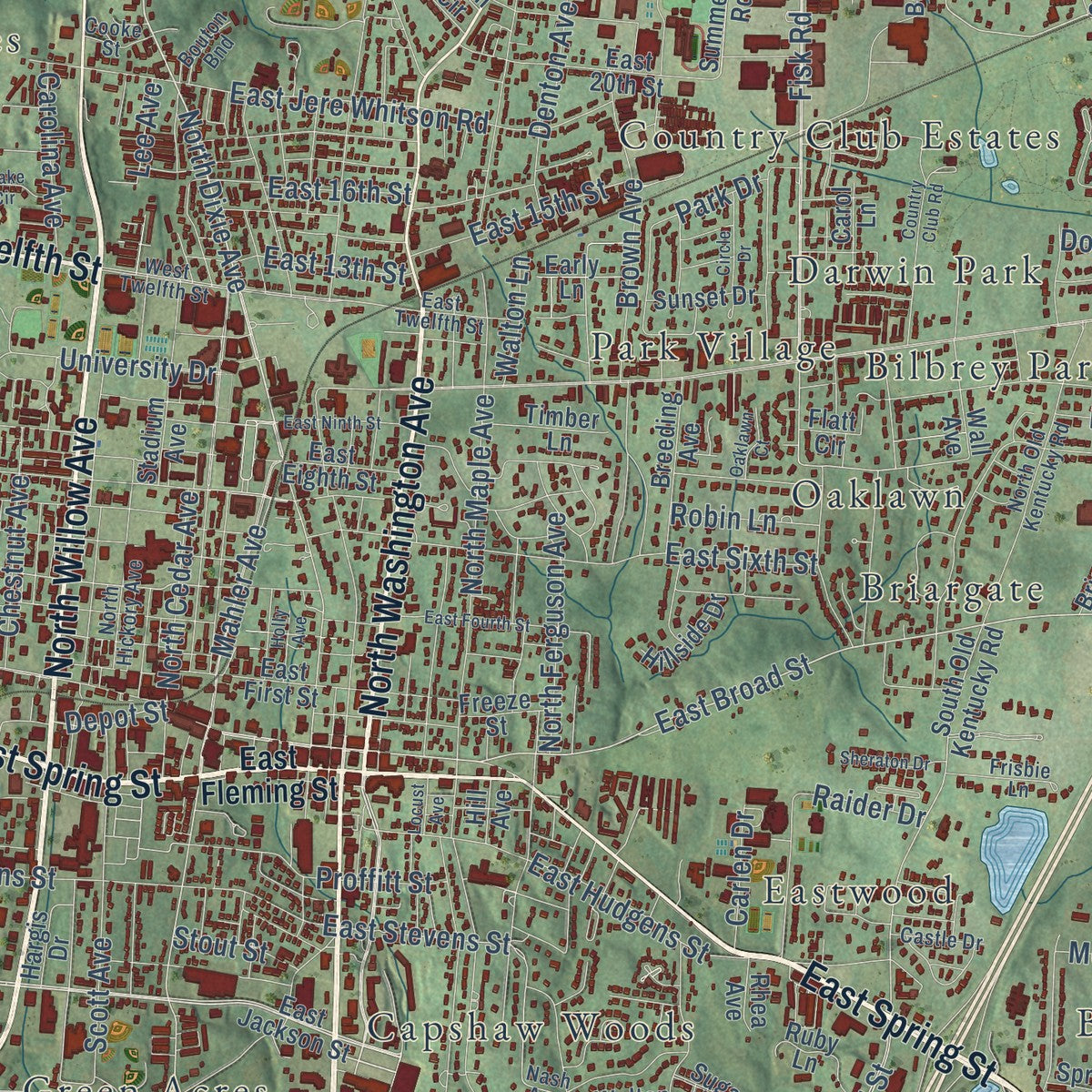 Close-up of the map of Cookeville, Tennessee print showing street and building detail
