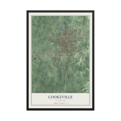 Map of Cookeville, Tennessee, 12 x 18 inch print in a black wood frame