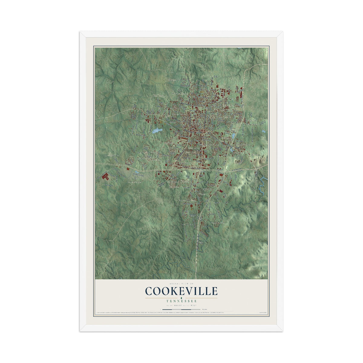 Map of Cookeville, Tennessee, 12 x 18 inch print in a white wood frame