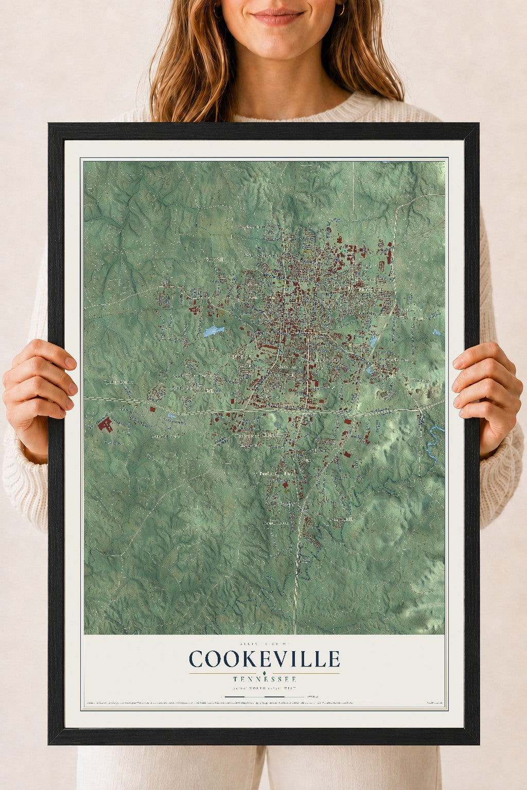 Map of Cookeville, Tennessee, 18 x 24 inch print in a black wood frame