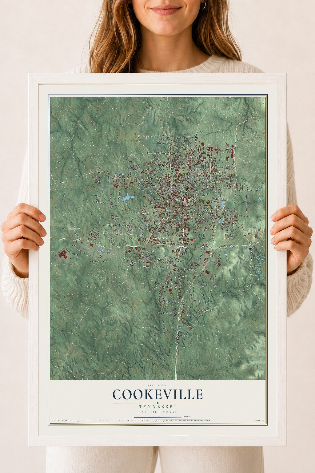 Map of Cookeville, Tennessee, 18 x 24 inch print in a white wood frame