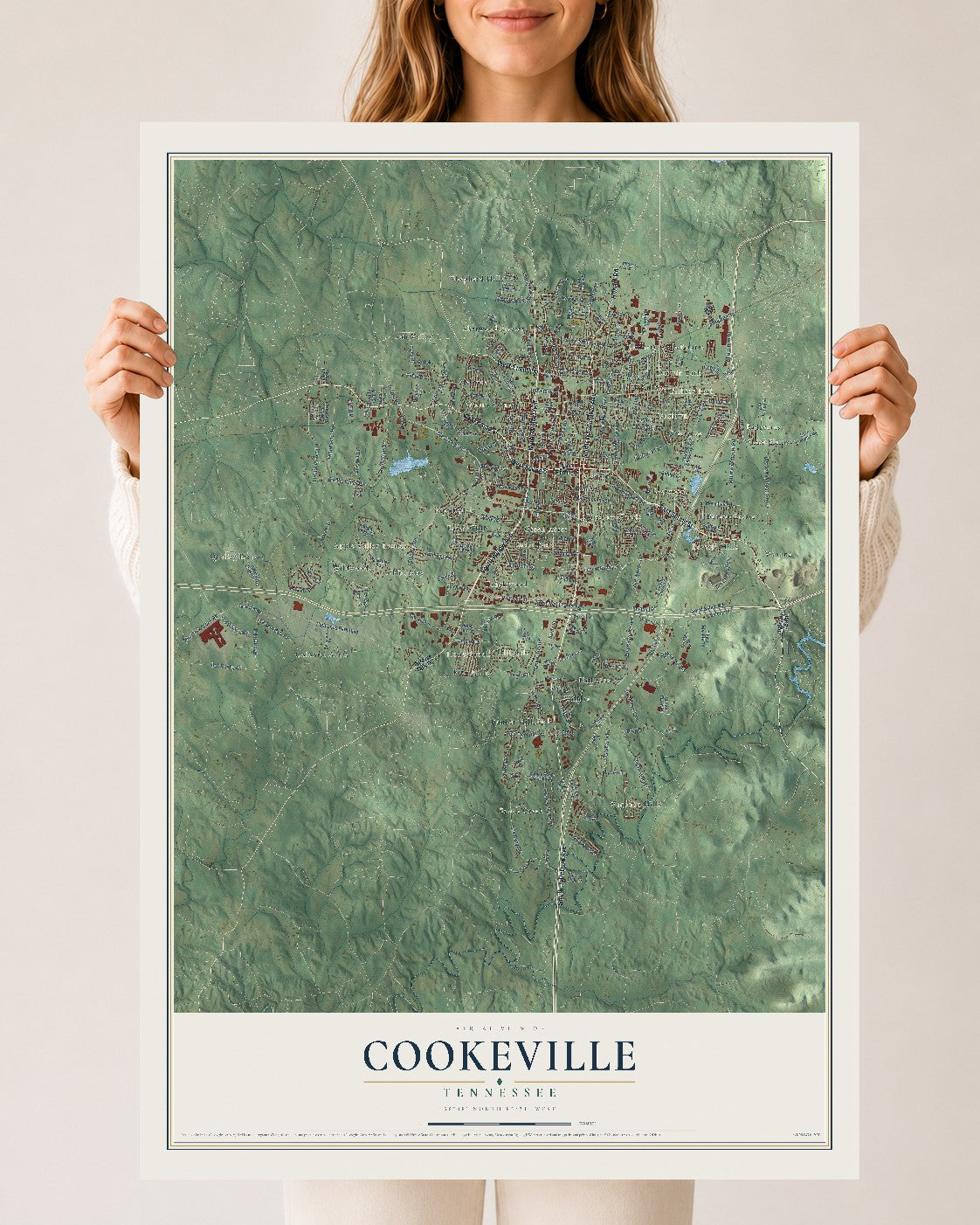 Map of Cookeville, Tennessee, 24 x 36 inch unframed archival matte print
