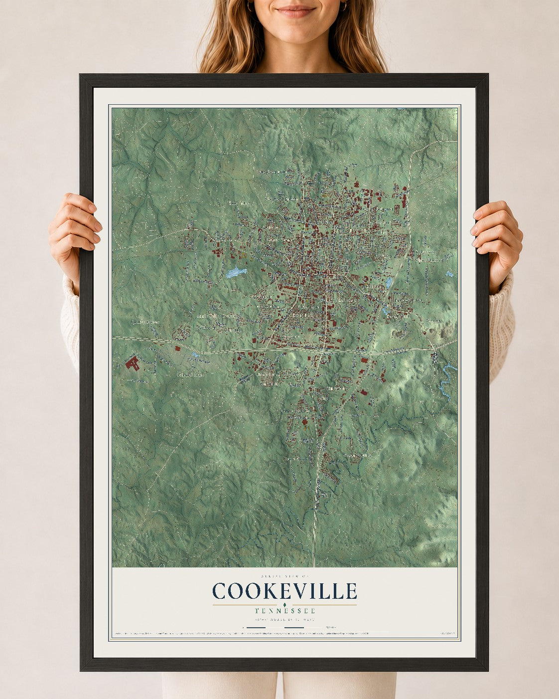 Map of Cookeville, Tennessee, 24 x 36 inch print in a black wood frame