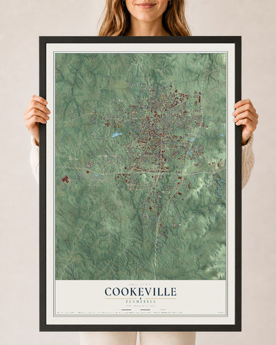 Map of Cookeville, Tennessee, 24 x 36 inch print in a black wood frame