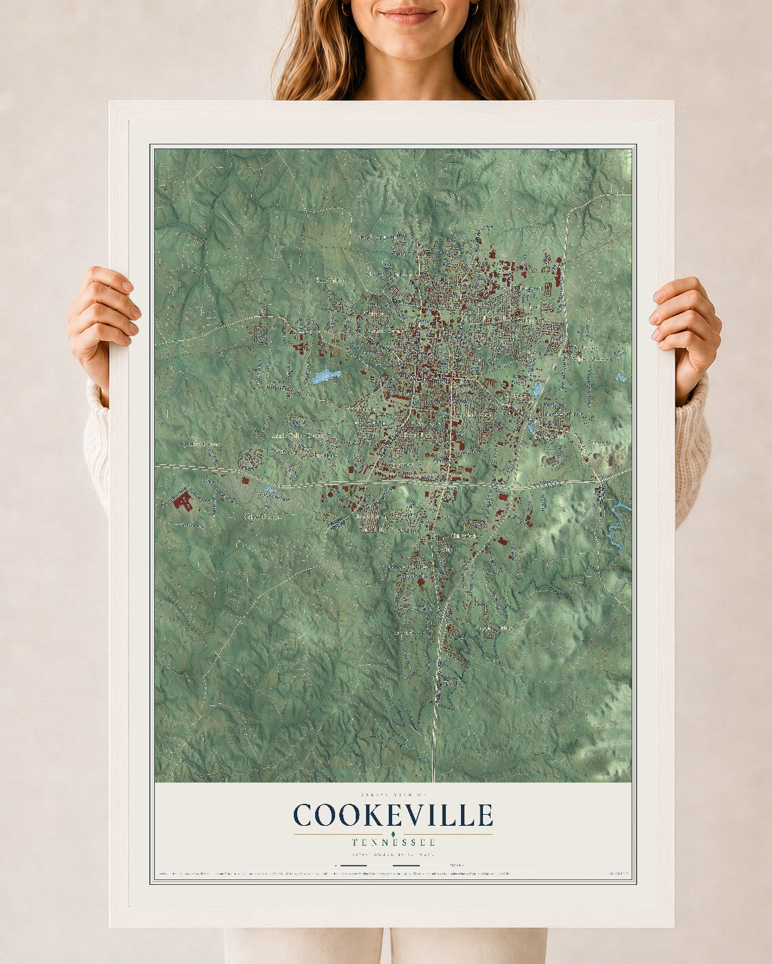 Map of Cookeville, Tennessee, 24 x 36 inch print in a white wood frame
