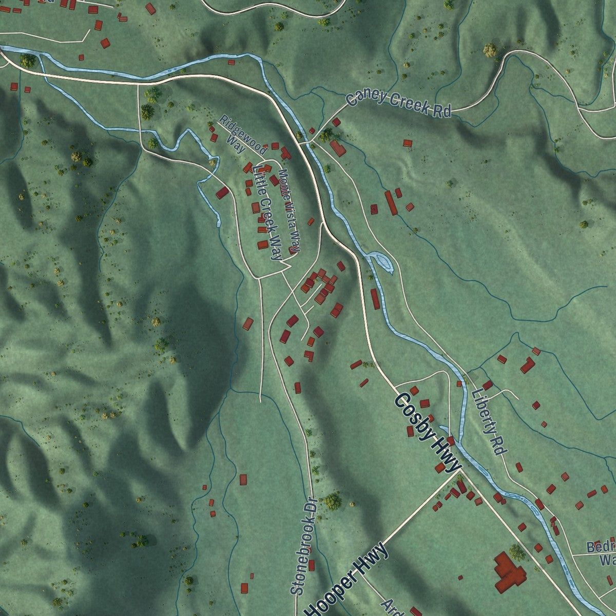 Close-up of the map of Cosby, Tennessee print showing street and building detail