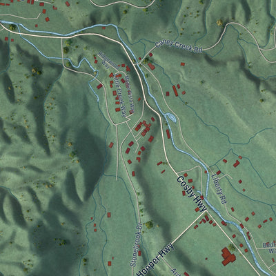 Close-up of the map of Cosby, Tennessee print showing street and building detail