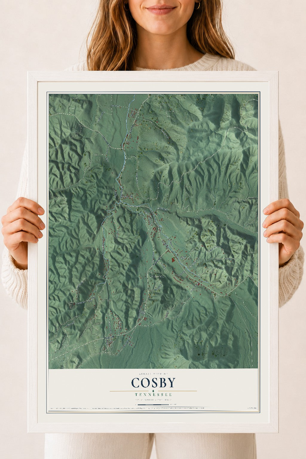 Map of Cosby, Tennessee, 18 x 24 inch print in a white wood frame
