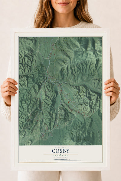 Map of Cosby, Tennessee, 18 x 24 inch print in a white wood frame
