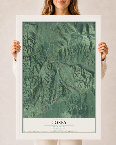 Map of Cosby, Tennessee, 24 x 36 inch print in a white wood frame