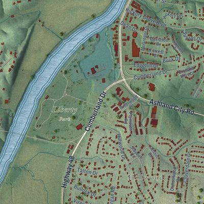 Close-up of the map of Cumberland Heights, Tennessee print showing street and building detail