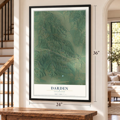 Darden, Tennessee map, 24 x 36 inch print in a black frame by a staircase