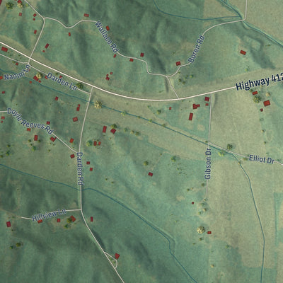 Close-up of the map of Darden, Tennessee print showing street and building detail