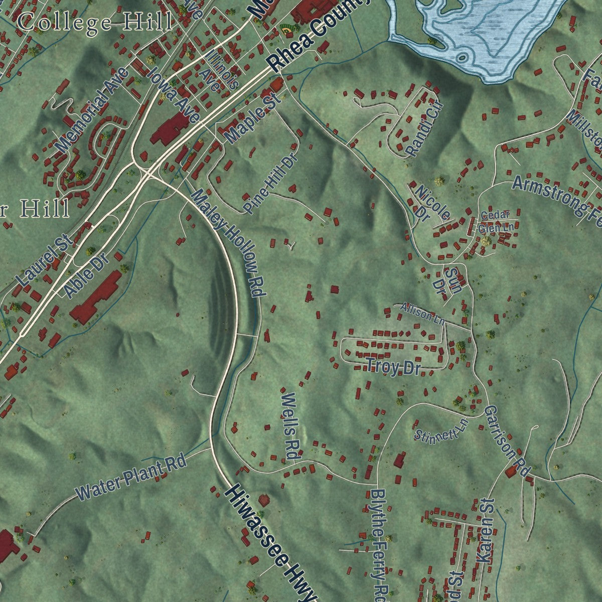 Second close-up of the map of Dayton, Tennessee print showing more streets and buildings