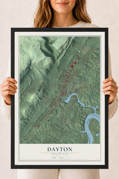 Map of Dayton, Tennessee, 18 x 24 inch print in a black wood frame