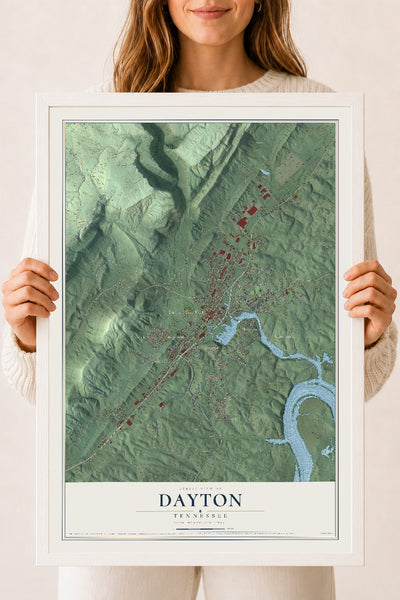Map of Dayton, Tennessee, 18 x 24 inch print in a white wood frame