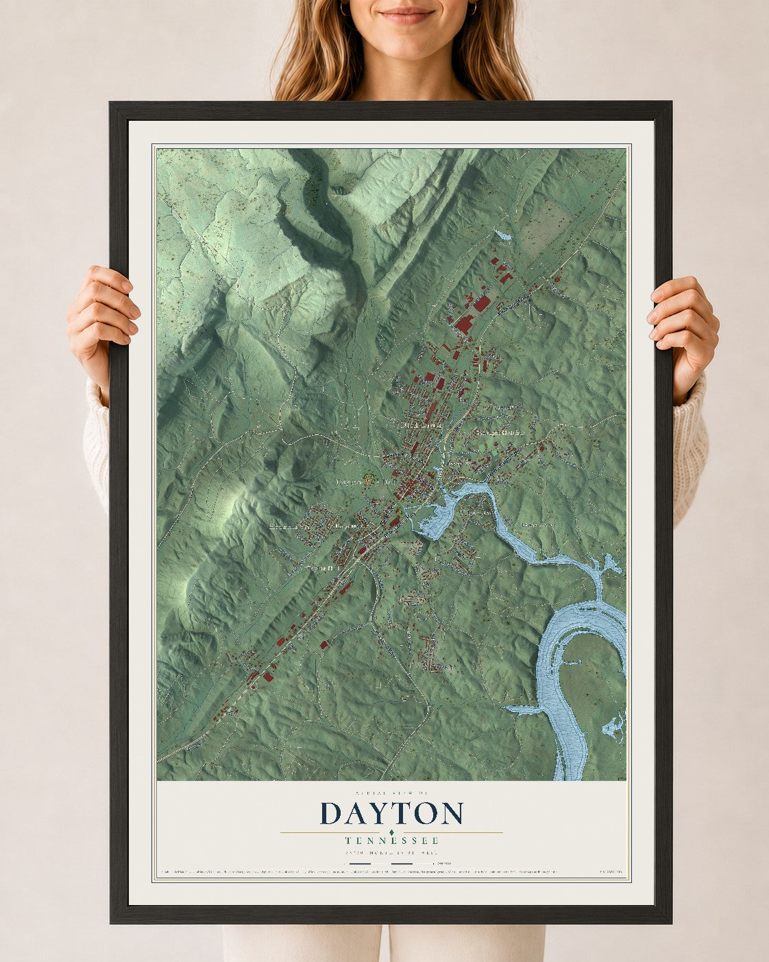 Map of Dayton, Tennessee, 24 x 36 inch print in a black wood frame