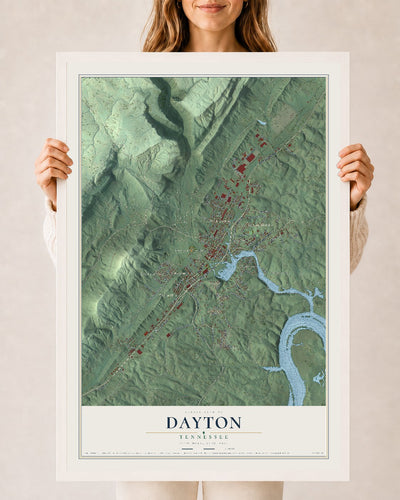 Map of Dayton, Tennessee, 24 x 36 inch print in a white wood frame