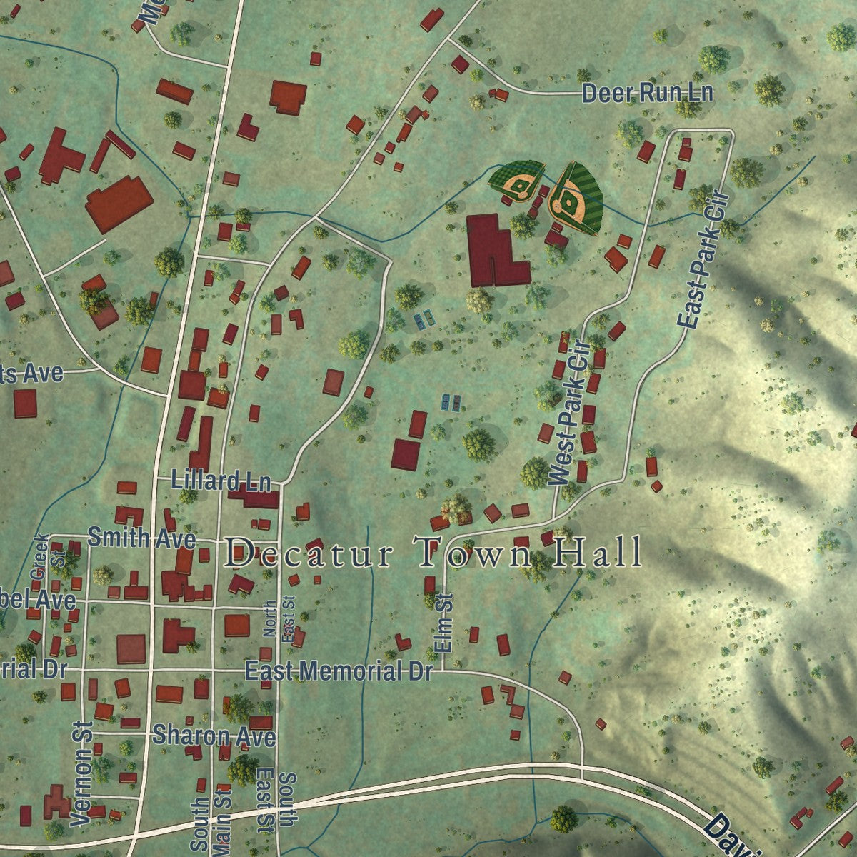 Close-up of the map of Decatur, Tennessee print showing street and building detail