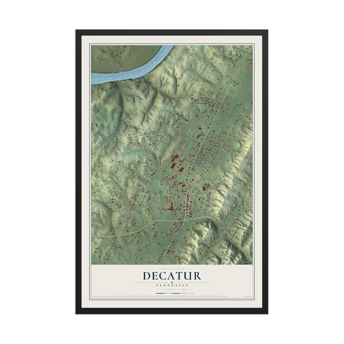 Map of Decatur, Tennessee, 12 x 18 inch print in a black wood frame