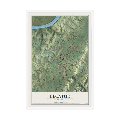 Map of Decatur, Tennessee, 12 x 18 inch print in a white wood frame