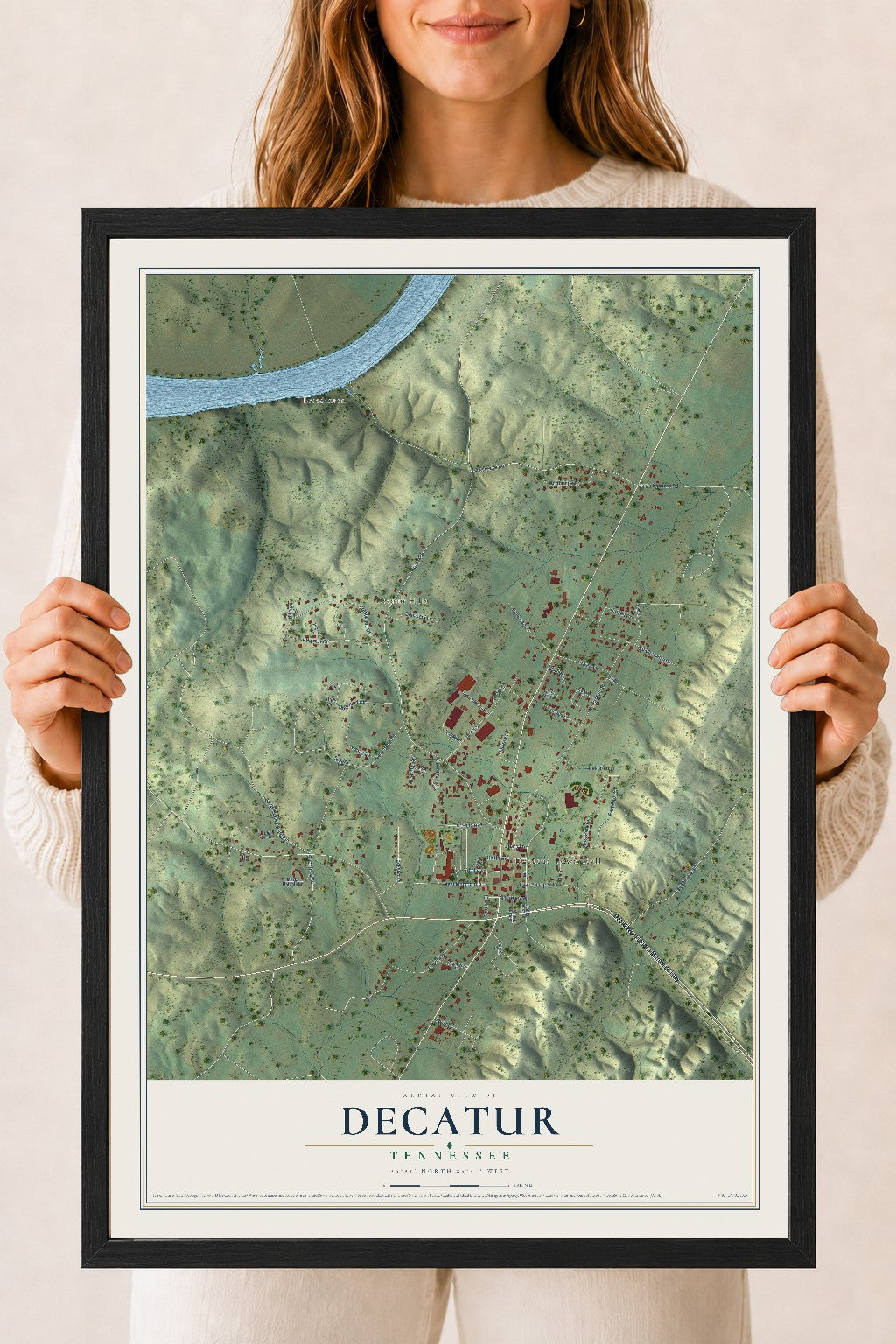 Map of Decatur, Tennessee, 18 x 24 inch print in a black wood frame