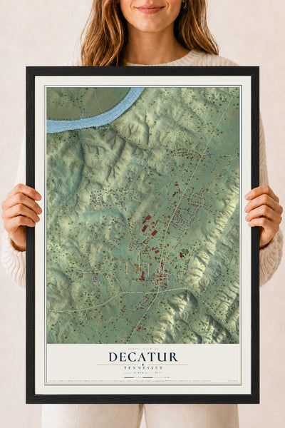 Map of Decatur, Tennessee, 18 x 24 inch print in a black wood frame