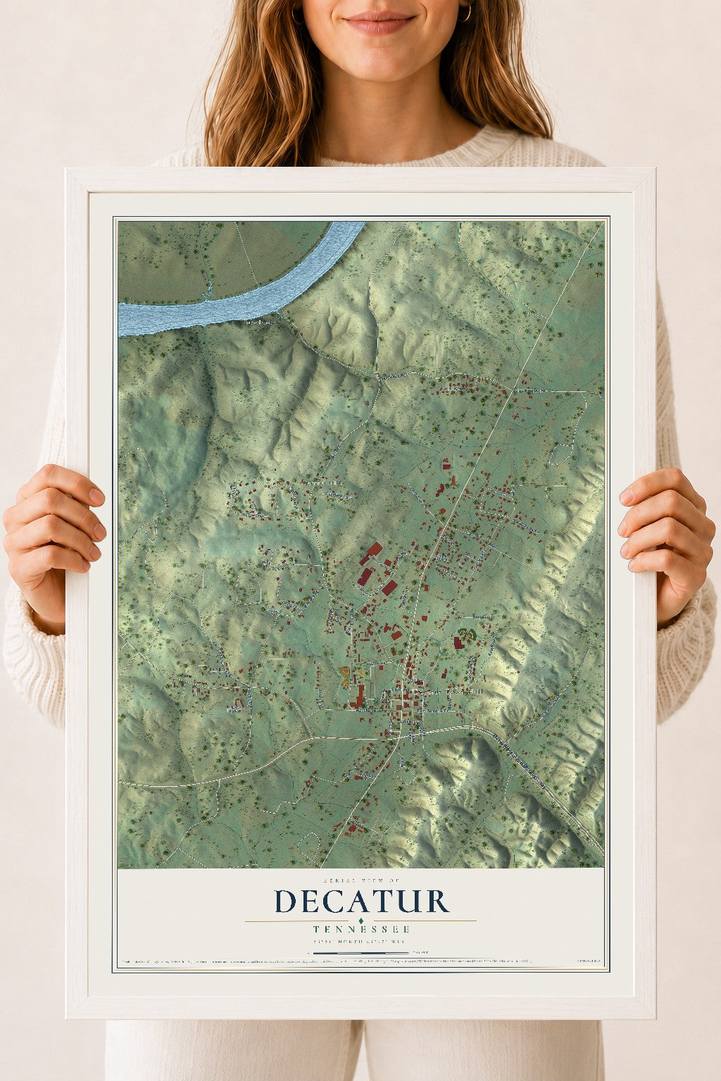Map of Decatur, Tennessee, 18 x 24 inch print in a white wood frame