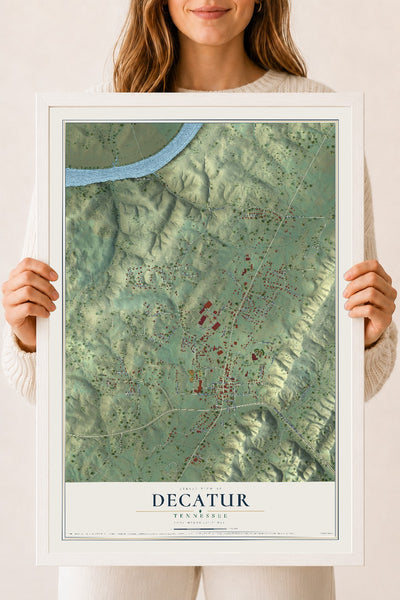 Map of Decatur, Tennessee, 18 x 24 inch print in a white wood frame