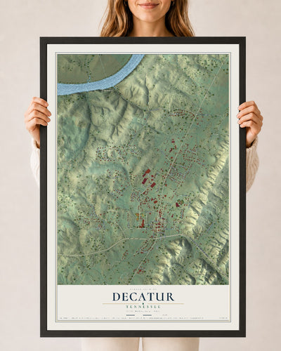 Map of Decatur, Tennessee, 24 x 36 inch print in a black wood frame