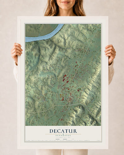 Map of Decatur, Tennessee, 24 x 36 inch print in a white wood frame