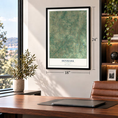 Denmark, Tennessee map, 18 x 24 inch print in a black frame in a home office