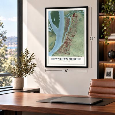 Downtown Memphis, Tennessee map, 18 x 24 inch print in a black frame in a home office