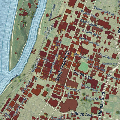 Close-up of the map of Downtown Memphis, Tennessee print showing street and building detail