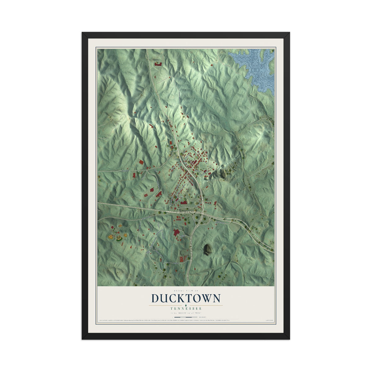 Map of Ducktown, Tennessee, 12 x 18 inch print in a black wood frame