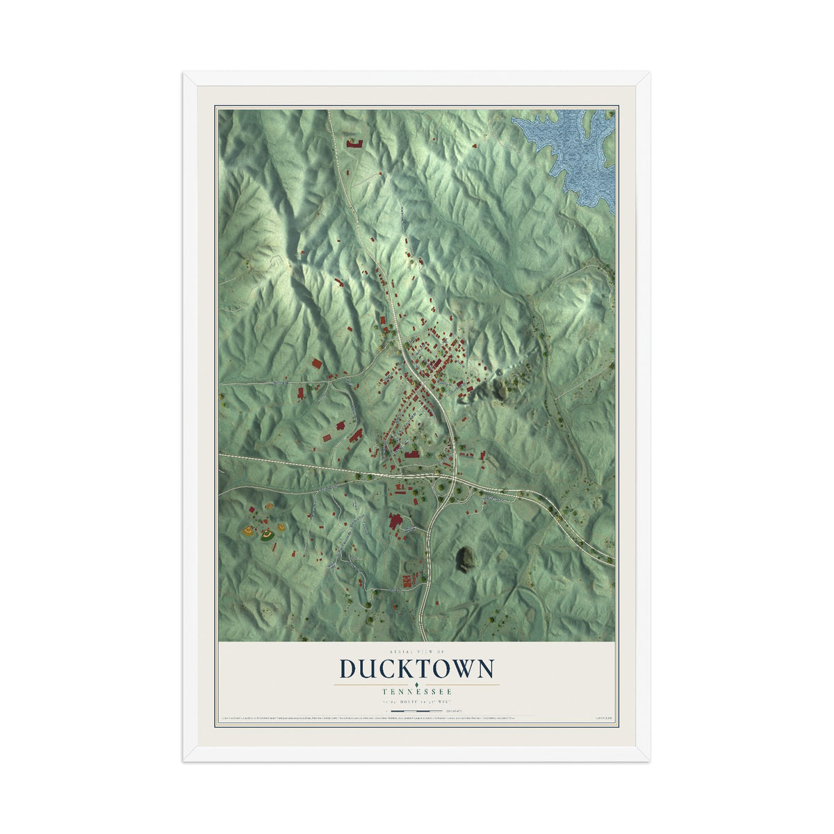 Map of Ducktown, Tennessee, 12 x 18 inch print in a white wood frame