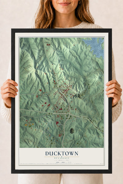 Map of Ducktown, Tennessee, 18 x 24 inch print in a black wood frame