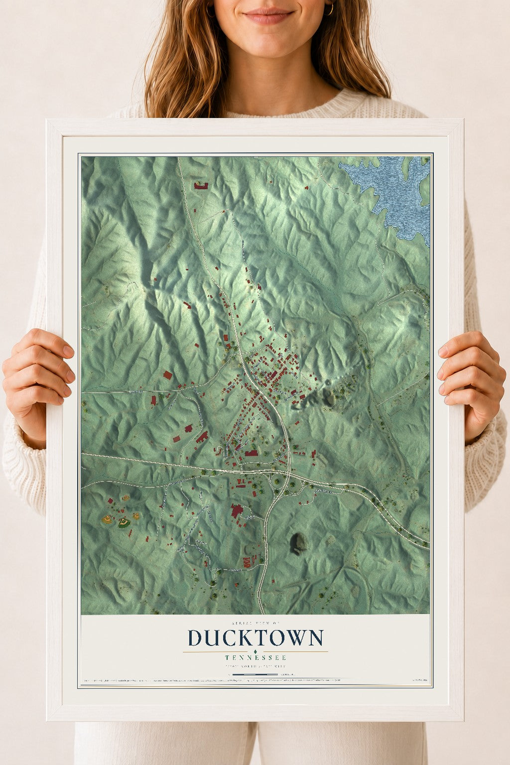 Map of Ducktown, Tennessee, 18 x 24 inch print in a white wood frame